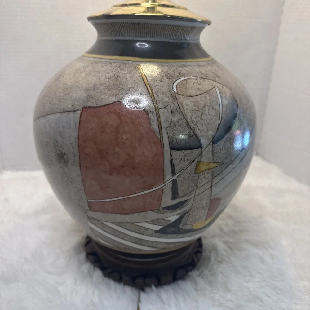 Vintage Abstract 80's Geometric Studio Pottery Table Lamp Urn Brass Wood Deco